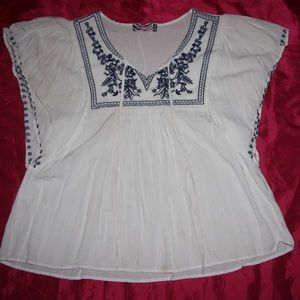 Navy Blue and White Embroidered Blouse